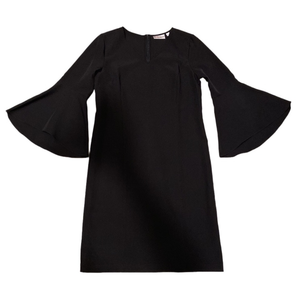 Belle‎ By Kim Gravel Black Midi Dress Size Small Trumpet Sleeve Shift V-neck
